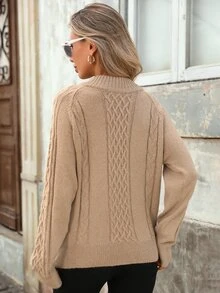 Brillora Sweater Rajut Kabel Maillard Warna Cokelat untuk Wanita Musim Gugur/Dingin, Kerah Setengah Tinggi, Kancing Emas Logam Dua Sisi, Rajutan Tebal Longgar Bergaya Vintage - Khaki - View 2
