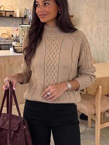 Brillora Sweater Rajut Kabel Maillard Warna Cokelat untuk Wanita Musim Gugur/Dingin, Kerah Setengah Tinggi, Kancing Emas Logam Dua Sisi, Rajutan Tebal Longgar Bergaya Vintage - Khaki - View 3