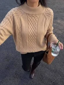 Brillora Sweater Rajut Kabel Maillard Warna Cokelat untuk Wanita Musim Gugur/Dingin, Kerah Setengah Tinggi, Kancing Emas Logam Dua Sisi, Rajutan Tebal Longgar Bergaya Vintage - Khaki - View 8
