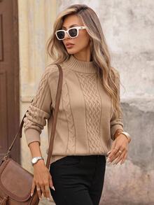 Brillora Sweater Rajut Kabel Maillard Warna Cokelat untuk Wanita Musim Gugur/Dingin, Kerah Setengah Tinggi, Kancing Emas Logam Dua Sisi, Rajutan Tebal Longgar Bergaya Vintage - Khaki - View 10