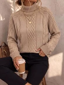 Brillora Sweater Rajut Kabel Maillard Warna Cokelat untuk Wanita Musim Gugur/Dingin, Kerah Setengah Tinggi, Kancing Emas Logam Dua Sisi, Rajutan Tebal Longgar Bergaya Vintage - Khaki - View 4