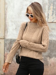 Brillora Sweater Rajut Kabel Maillard Warna Cokelat untuk Wanita Musim Gugur/Dingin, Kerah Setengah Tinggi, Kancing Emas Logam Dua Sisi, Rajutan Tebal Longgar Bergaya Vintage - Khaki - View 7