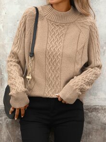 Brillora Sweater Rajut Kabel Maillard Warna Cokelat untuk Wanita Musim Gugur/Dingin, Kerah Setengah Tinggi, Kancing Emas Logam Dua Sisi, Rajutan Tebal Longgar Bergaya Vintage - Khaki - View 6