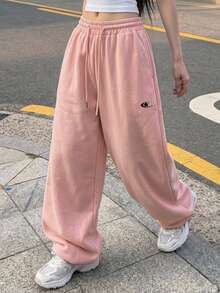 DAZY 女款寬鬆曲腿圖案印花運動長褲，休閒運動街頭風，適合春秋度假穿著 - 粉色 - 查看 6