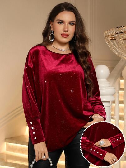 EMERY ROSE Women's Plus Size Velvet Sequin Elegant Pullover T-Shirt