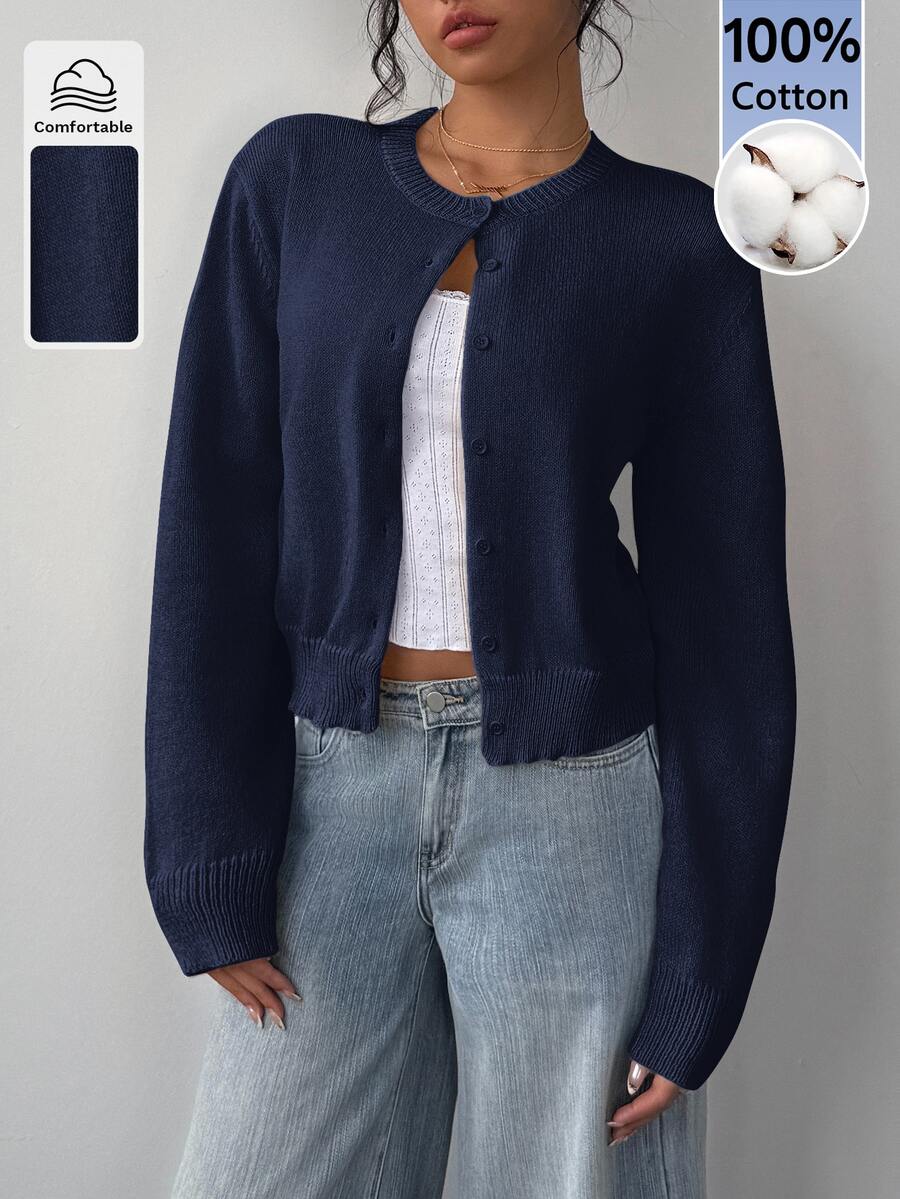 SHEIN BASICS Women's Casual Basic Versatile Solid Color Cardigan Teachers' Day Office School Navy Blue Autumn - Navy Blue - View 1
