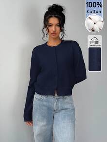 SHEIN BASICS Women's Casual Basic Versatile Solid Color Cardigan Teachers' Day Office School Navy Blue Autumn - Navy Blue - View 3