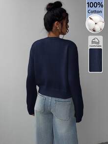 SHEIN BASICS Women's Casual Basic Versatile Solid Color Cardigan Teachers' Day Office School Navy Blue Autumn - Navy Blue - View 2