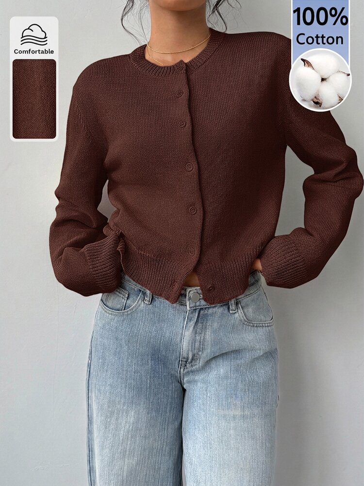 SHEIN BASICS Women's Autumn/Winter Casual French Solid Color Cardigan Teachers' Day Office Teacher Dark Brown - Coffee Brown - View 4