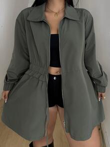 POPSWAY Plus Size Long Sleeve Casual Solid Color Khaki Cinched Waist Zipper Jacket Fall - Khaki - View 3