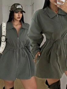 POPSWAY Plus Size Long Sleeve Casual Solid Color Khaki Cinched Waist Zipper Jacket Fall - Khaki - View 1