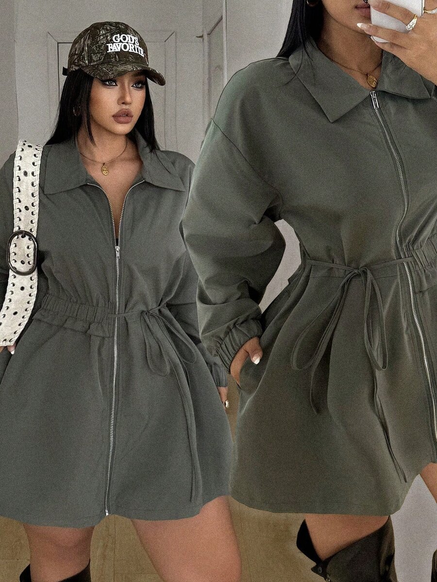 POPSWAY Plus Size Long Sleeve Casual Solid Color Khaki Cinched Waist Zipper Jacket Fall - Khaki - View 1