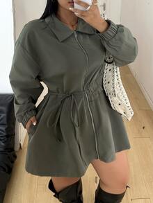 POPSWAY Plus Size Long Sleeve Casual Solid Color Khaki Cinched Waist Zipper Jacket Fall - Khaki - View 4