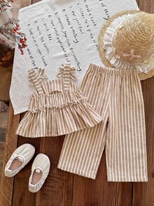 SHEIN Newborn Baby Girl Vacation Casual Cute Striped Camisole And Pants Set - Khaki - View 2