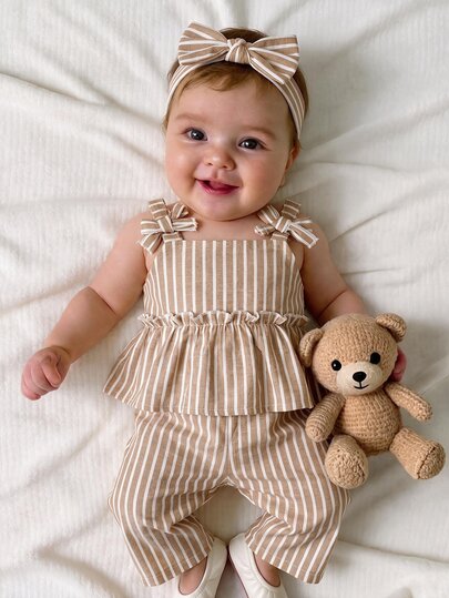 SHEIN Newborn Baby Girl Vacation Casual Cute Striped Camisole And Pants Set