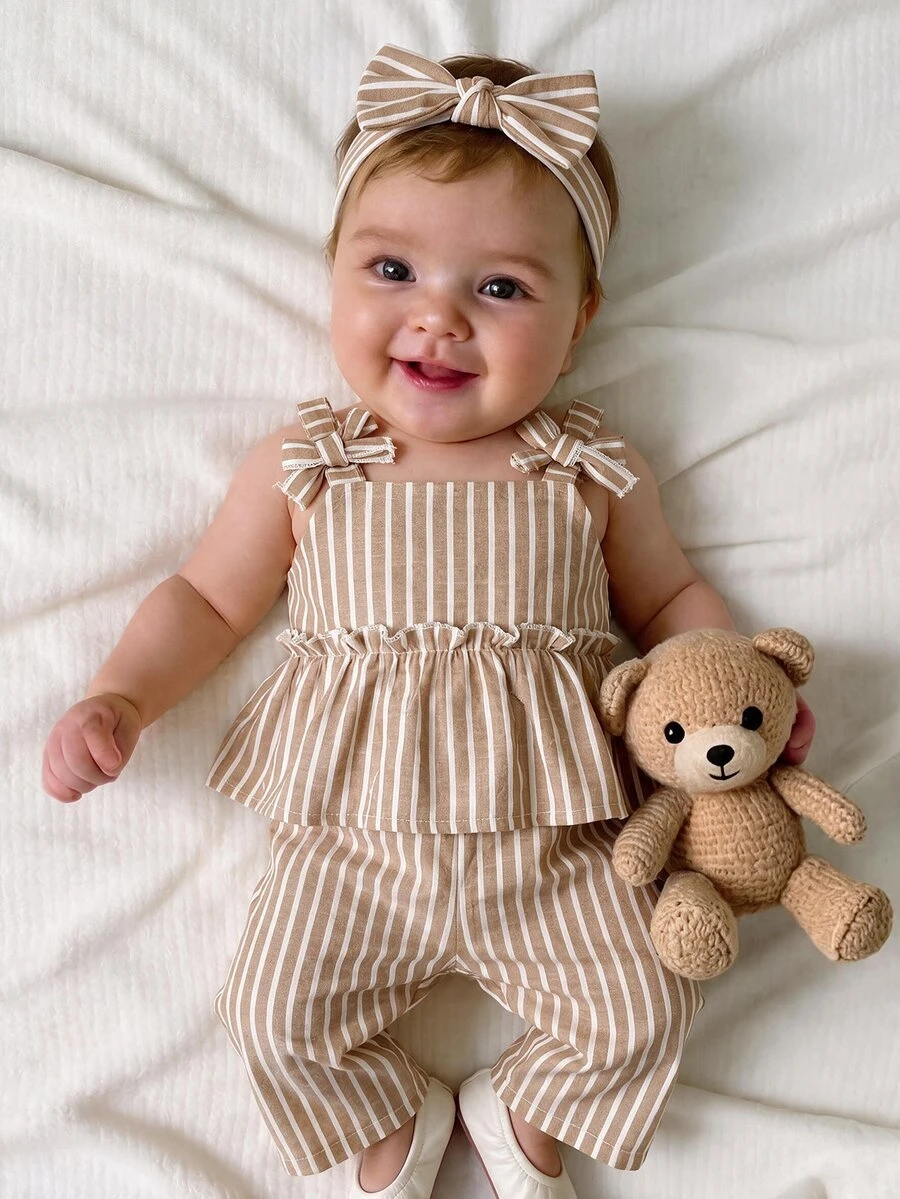 SHEIN Newborn Baby Girl Vacation Casual Cute Striped Camisole And Pants Set - Khaki - View 1