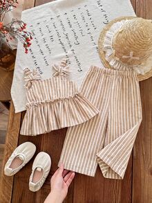 SHEIN Newborn Baby Girl Vacation Casual Cute Striped Camisole And Pants Set - Khaki - View 4