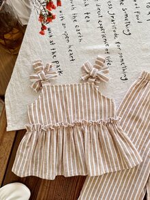 SHEIN Newborn Baby Girl Vacation Casual Cute Striped Camisole And Pants Set - Khaki - View 3