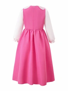 SHEIN Girls' Soft Pink Dress With Pure White Puff Long Sleeves, Fall, Back To School, Casual, Knit, Fitted, Floral, Vacation, Loose, Ruched.Holiday Outfits - Pink - View 2