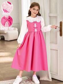 SHEIN Girls' Soft Pink Dress With Pure White Puff Long Sleeves, Fall, Back To School, Casual, Knit, Fitted, Floral, Vacation, Loose, Ruched.Holiday Outfits - Pink - View 5