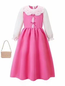 SHEIN Girls' Soft Pink Dress With Pure White Puff Long Sleeves, Fall, Back To School, Casual, Knit, Fitted, Floral, Vacation, Loose, Ruched.Holiday Outfits - Pink - View 3