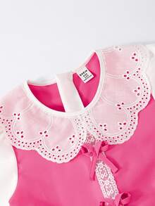 SHEIN Girls' Soft Pink Dress With Pure White Puff Long Sleeves, Fall, Back To School, Casual, Knit, Fitted, Floral, Vacation, Loose, Ruched.Holiday Outfits - Pink - View 8
