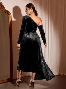 Cravure Plus Size Women's Autumn/Winter One Shoulder Velvet Sequin Cinched Waist Bodycon Fishtail Slit Elegant Long Sleeve Dress For Banquet Party Birthday Wedding Graduation - Black - View 2