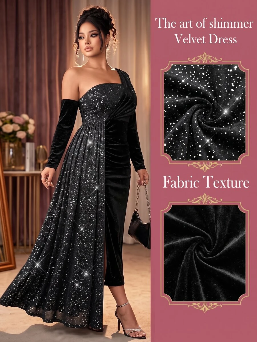 Cravure Plus Size Women's Autumn/Winter One Shoulder Velvet Sequin Cinched Waist Bodycon Fishtail Slit Elegant Long Sleeve Dress For Banquet Party Birthday Wedding Graduation - Black - View 1