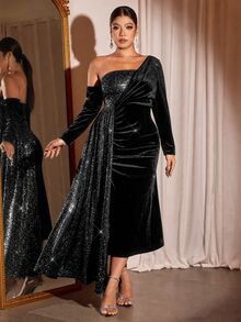 Cravure Plus Size Women's Autumn/Winter One Shoulder Velvet Sequin Cinched Waist Bodycon Fishtail Slit Elegant Long Sleeve Dress For Banquet Party Birthday Wedding Graduation - Black - View 7