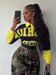 Slaydiva Black & Yellow Color Block Polo Collar Cropped Long Sleeve Top, American Vintage Letter Print Loose Drop Shoulder Sweatshirt - A - Multicolor - View 6
