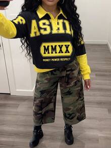 Slaydiva Black & Yellow Color Block Polo Collar Cropped Long Sleeve Top, American Vintage Letter Print Loose Drop Shoulder Sweatshirt - A - Multicolor - View 8