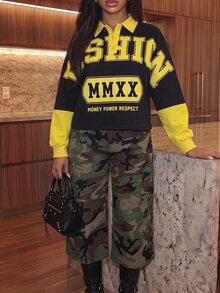 Slaydiva Black & Yellow Color Block Polo Collar Cropped Long Sleeve Top, American Vintage Letter Print Loose Drop Shoulder Sweatshirt - A - Multicolor - View 5