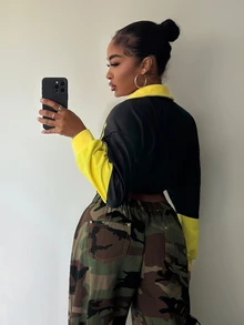 Slaydiva Black & Yellow Color Block Polo Collar Cropped Long Sleeve Top, American Vintage Letter Print Loose Drop Shoulder Sweatshirt - A - Multicolor - View 3