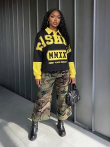 Slaydiva Black & Yellow Color Block Polo Collar Cropped Long Sleeve Top, American Vintage Letter Print Loose Drop Shoulder Sweatshirt - A - Multicolor - View 4