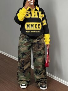 Slaydiva Black & Yellow Color Block Polo Collar Cropped Long Sleeve Top, American Vintage Letter Print Loose Drop Shoulder Sweatshirt - A - Multicolor - View 9