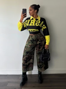 Slaydiva Black & Yellow Color Block Polo Collar Cropped Long Sleeve Top, American Vintage Letter Print Loose Drop Shoulder Sweatshirt - A - Multicolor - View 7