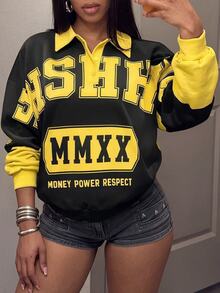 Slaydiva Black & Yellow Color Block Polo Collar Cropped Long Sleeve Top, American Vintage Letter Print Loose Drop Shoulder Sweatshirt - A - Multicolor - View 2