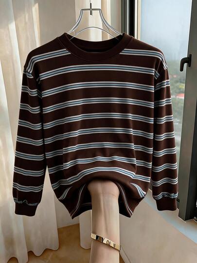 EMERY ROSE Women's Round Neck Drop Shoulder Long Sleeve Casual Colorblock Striped T-Shirt