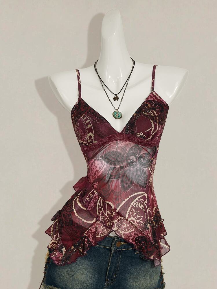 SHEIN ICON Women's Vacation Cashew Floral Print Ruffled Strap Camisole 4th Of July Women Cute Summer Top Going Out Top - Burgundy - View 3