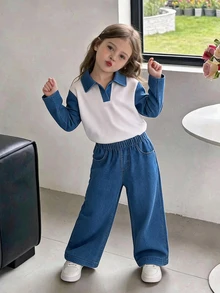 Children And Girls 2-Piece Knitted Collar Long Sleeved Solid Color Loose T-Shirt And Casual Pants, Imitation Denim Print Set - Blue - View 3