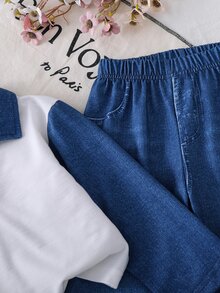 Children And Girls 2-Piece Knitted Collar Long Sleeved Solid Color Loose T-Shirt And Casual Pants, Imitation Denim Print Set - Blue - View 4