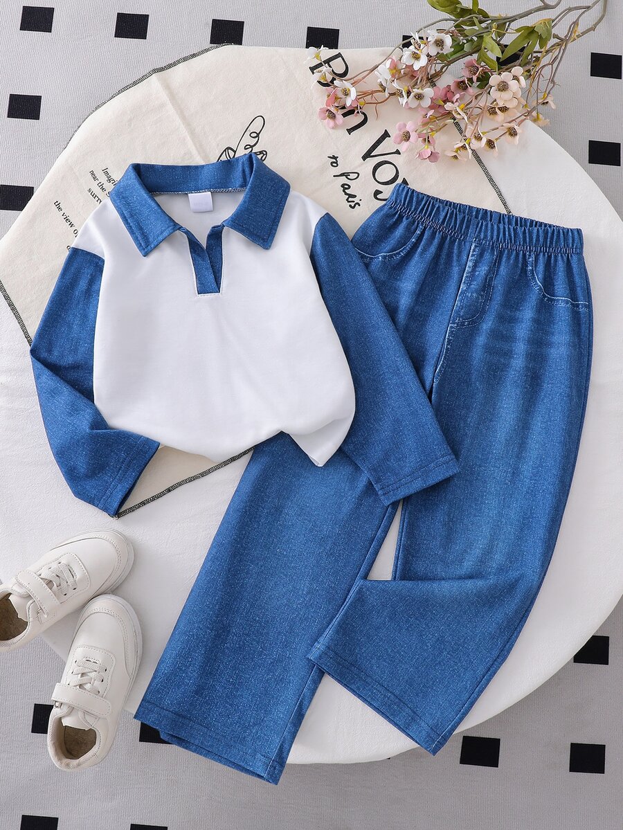 Children And Girls 2-Piece Knitted Collar Long Sleeved Solid Color Loose T-Shirt And Casual Pants, Imitation Denim Print Set - Blue - View 1