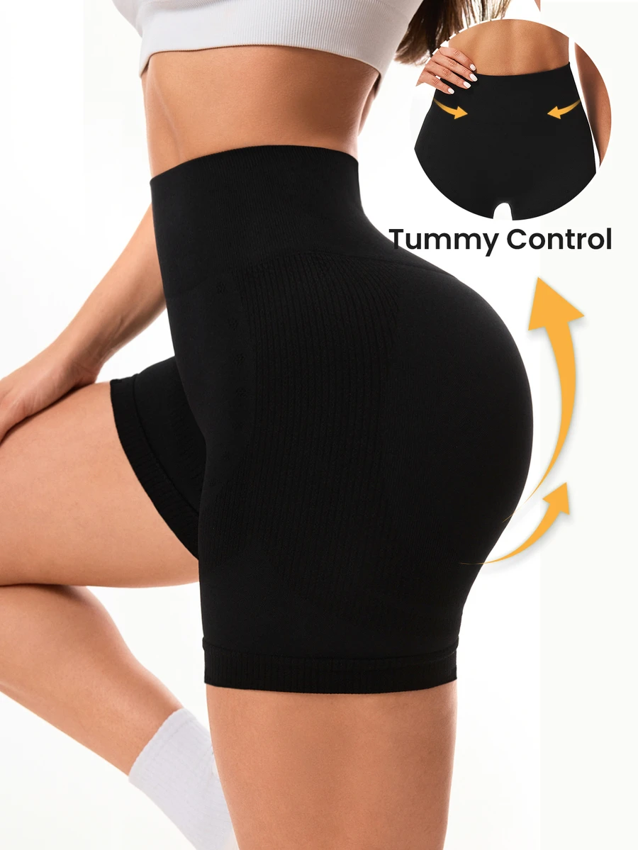 Slayform Slayform Solid High Waist Elastic Seamless Sports Shorts, SummerWomen Sweat Short, Gym Short, Biker Short - Black - View 1