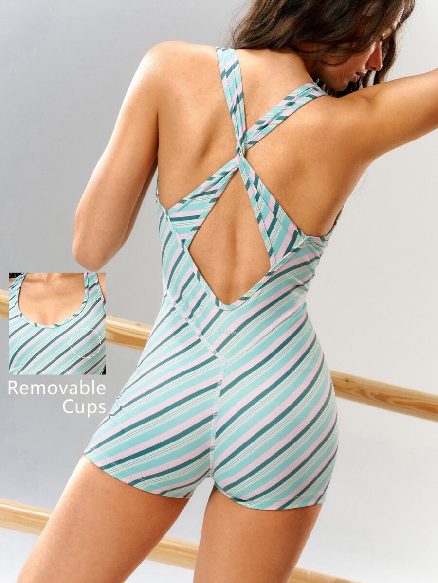 VARSIVA Striped Twisted Backless Sports Romper - Multicolor - View 1