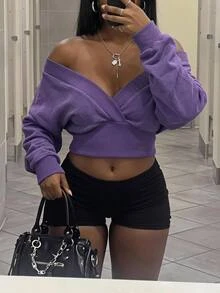 Slaydiva Atasan Crop Wanita Warna Ungu Violet Mineral Washed Off Shoulder Wrap Crop Top Gaya Y2K Street untuk Acara Jalanan - Purple - View 8
