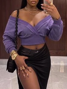 Slaydiva Atasan Crop Wanita Warna Ungu Violet Mineral Washed Off Shoulder Wrap Crop Top Gaya Y2K Street untuk Acara Jalanan - Purple - View 11