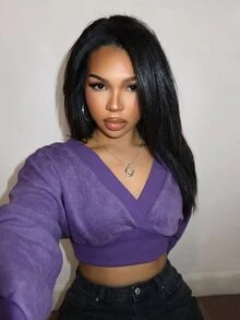 Slaydiva Atasan Crop Wanita Warna Ungu Violet Mineral Washed Off Shoulder Wrap Crop Top Gaya Y2K Street untuk Acara Jalanan - Purple - View 5