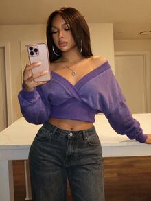 Slaydiva Atasan Crop Wanita Warna Ungu Violet Mineral Washed Off Shoulder Wrap Crop Top Gaya Y2K Street untuk Acara Jalanan - Purple - View 10
