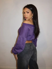 Slaydiva Atasan Crop Wanita Warna Ungu Violet Mineral Washed Off Shoulder Wrap Crop Top Gaya Y2K Street untuk Acara Jalanan - Purple - View 9
