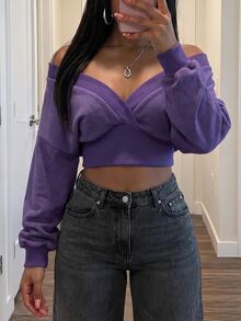 Slaydiva Atasan Crop Wanita Warna Ungu Violet Mineral Washed Off Shoulder Wrap Crop Top Gaya Y2K Street untuk Acara Jalanan - Purple - View 4